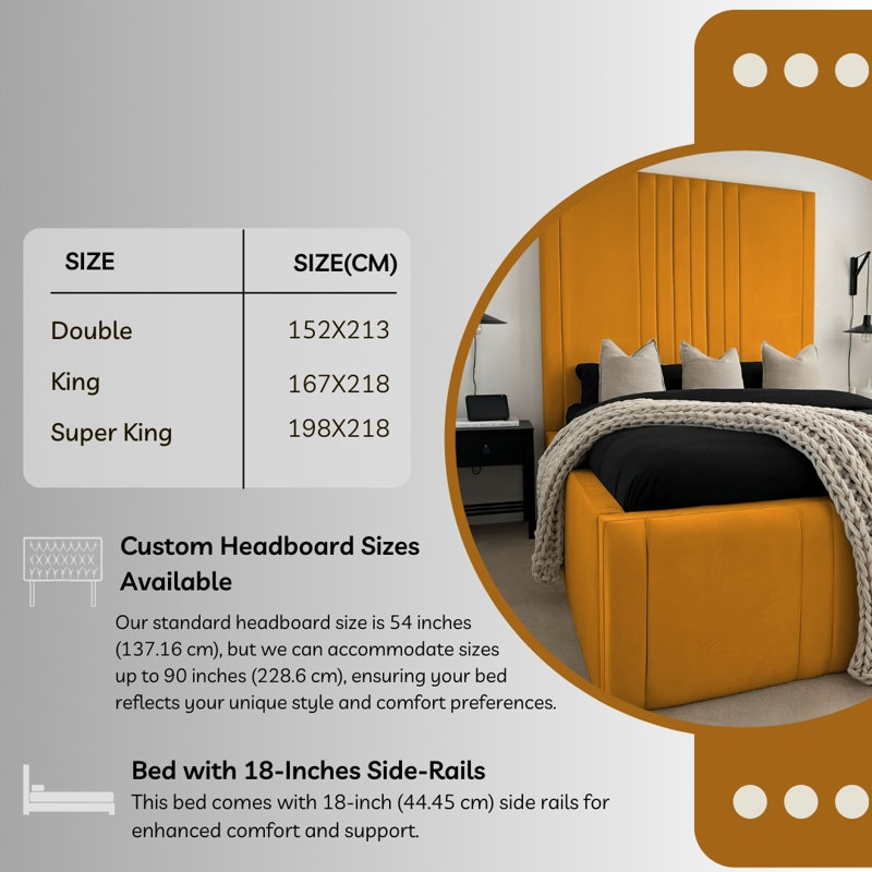 Ottoman Upholstered Bed - Dreamcape Plush Velvet Gas Lift Storage with Headboard, Mustard, Double (4'6)