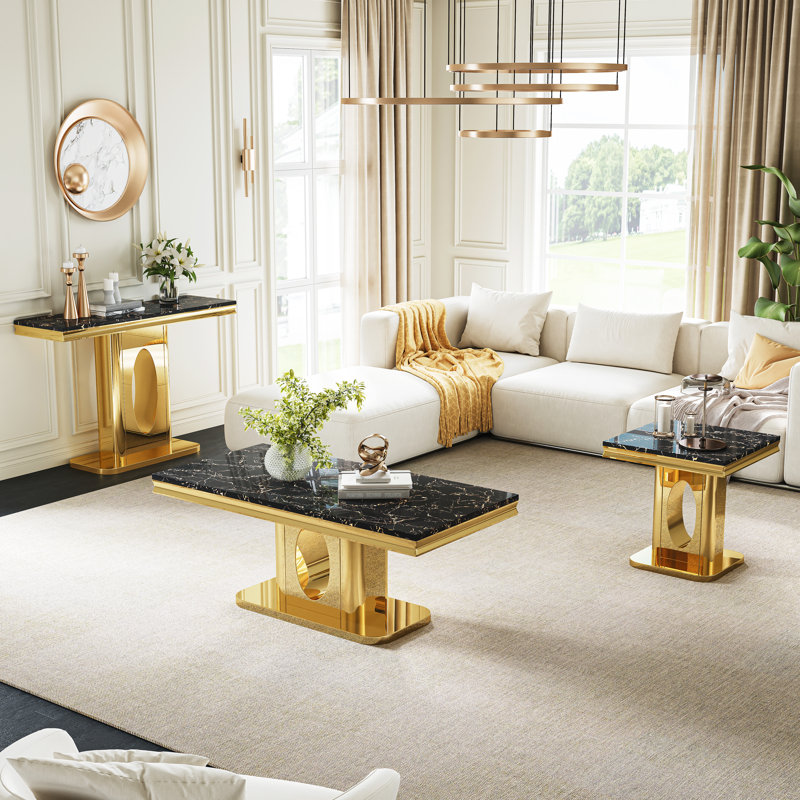 Modern Marble Coffee Table, 46.85" Rectangular Faux Marble, Luxury Mirrored Round Hollow Stainless Steel Base, Cocktail Table, Center Table