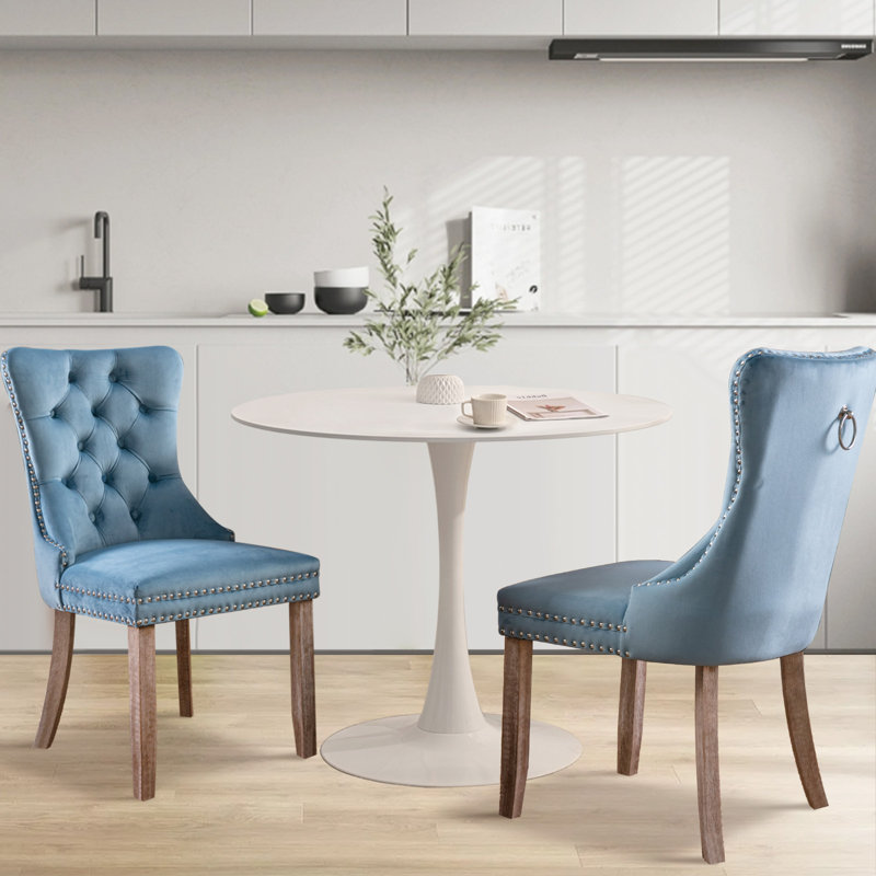 Ensemble de table de salle à manger rond avec 2 chaises , Bleu ciel / Brun, Blanc