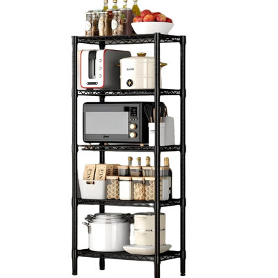5 Tier Adjustable Metal Wire Shelving For Kitchen, Bathroom, And Small Spaces, Black Color, Heavy - Duty Steel, 5.12 Inch Diameter Support Poles, 1.18 1.37 Shelves, Tool Installation, Baked Paint