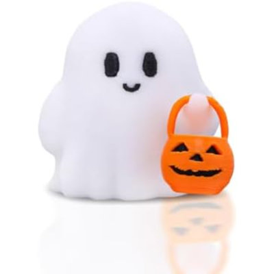 Halloween Ghost Figurines 3D Printing Halloween Table Decorations Cartoon White Spooky Carrying Pumpkin Statue Small Mini Little Ghost Figurine Holiday Table Centerpieces For Home Tabletop Décor