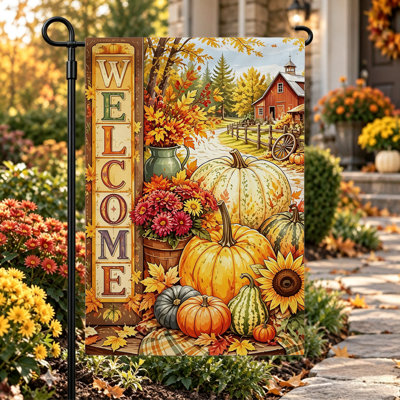 Drapeau de jardin « Bienvenue en automne », double face, 30 x 45 cm, citrouilles de ferme orange et marron