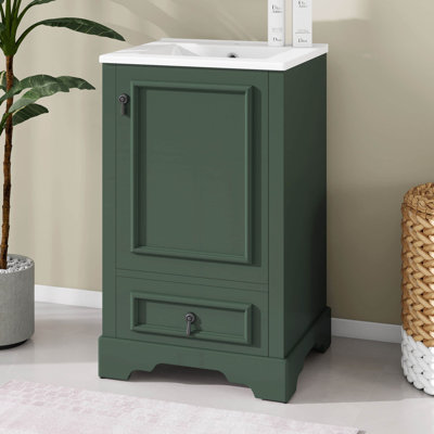 Meuble-lavabo de 20 pouces avec lavabo en céramique, porte à fermeture douce, support de rangement monté sur la porte et tablette réglable en forme de U
