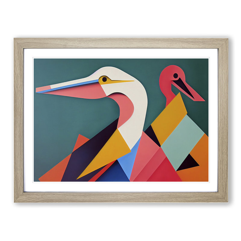 Abstract Pelicans Vol.2 - Single Picture Frame Print, 46cm H x 64cm W x 2cm D, Oak