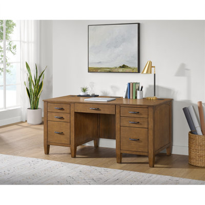 Bureau à double caisson Hanoverton avec alimentation / USB en chêne brun