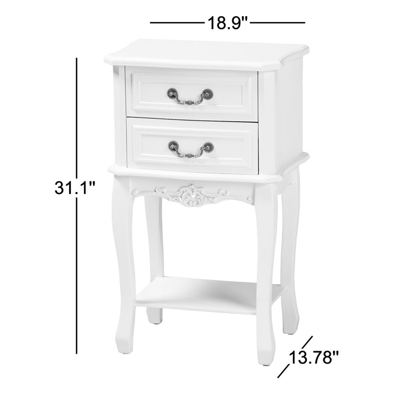 Table de chevet 2 tiroirs Deanthony au fini blanc avec poignées en laiton, H 31,1 po x l 18,9 po x P 13,78 po