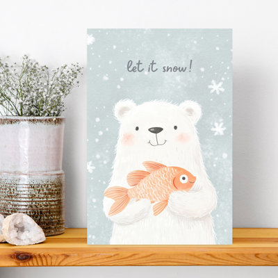 Let It Snow Bear Abstract Contemporary Bear Fish Winter Landscape Wall Art Print 1 Piece Wrapped Canvas Wall Art