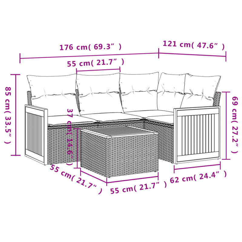  Ensemble de canapé de patio 5 pièces avec coussins en rotin de polyester noir