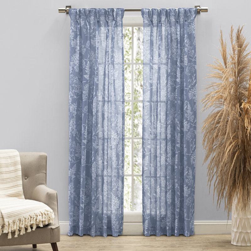 Alston Wildflower Floral Semi-Sheer Pinch Pleat Pairs with Back-tabs, 25" W x 108" L, Blue