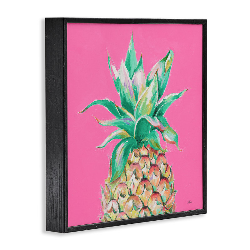 Ananas sur rose, estampe numérique par Patricia Pinto, H 24 po x l 24 po, Giclée encadrée noir minuit