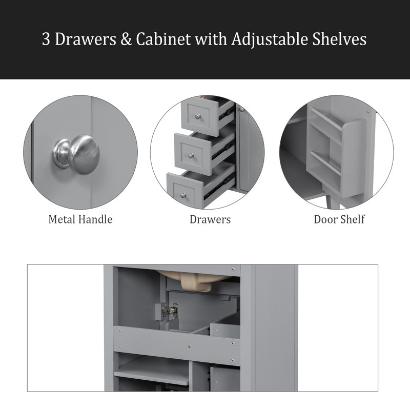 Meuble-lavabo de 24 po avec lavabo, panneau de fibres à densité moyenne et bois d'hévéa, 3 tiroirs et armoire avec tablettes réglables, conception moderne pour les petites et moyennes salles de bain