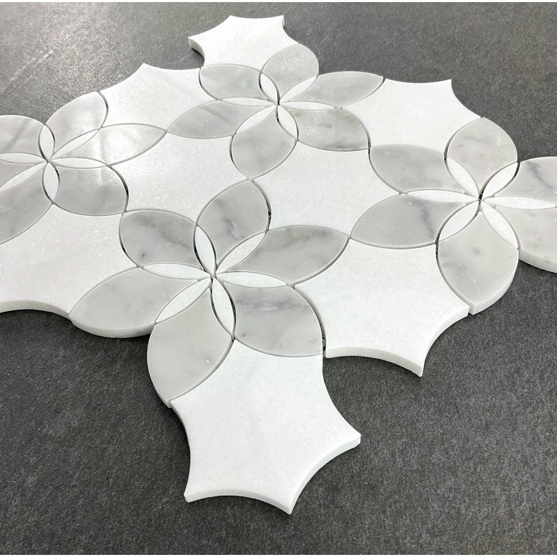 Water Jet - Marble Daisy Flower Pattern Mosaic Wall & Floor Tile, White/Gray