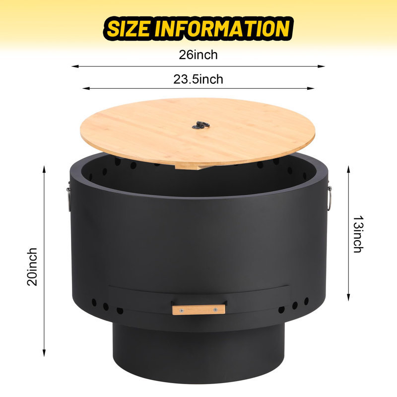 26 in Smokeless Fire Pit with Removable Ash Pan, Wood Burning Firepit Table with Lid&Fire Poker, 360°Airflow Outdoor Fireplace with Dust Bag, Outdoor Fire Pits for BBQ, Table, Bonfire, Camping