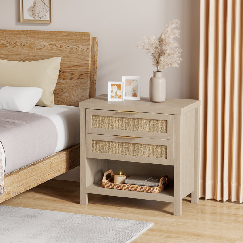 Nightstands, Farmhouse Bedside Table With 2 Drawers And Storage Shelf, Set of 2, Original Oak