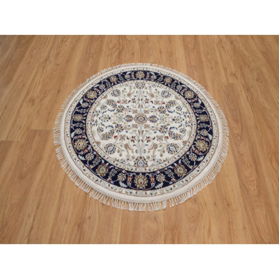 Tapis oriental rond 3 pi 1 po x 3 pi 1 po Nain avec motif de fleurs partout, noué à la main, 250 KPSI, velours doux, laine et soie