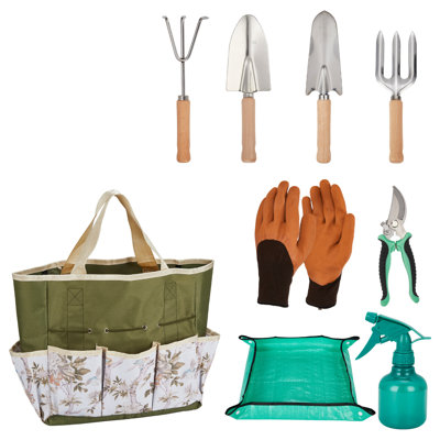 Ensemble d'outils de jardinage en acier inoxydable 10 pièces, ensemble antirouille robuste avec poignées ergonomiques en bois et sac de rangement Oxford