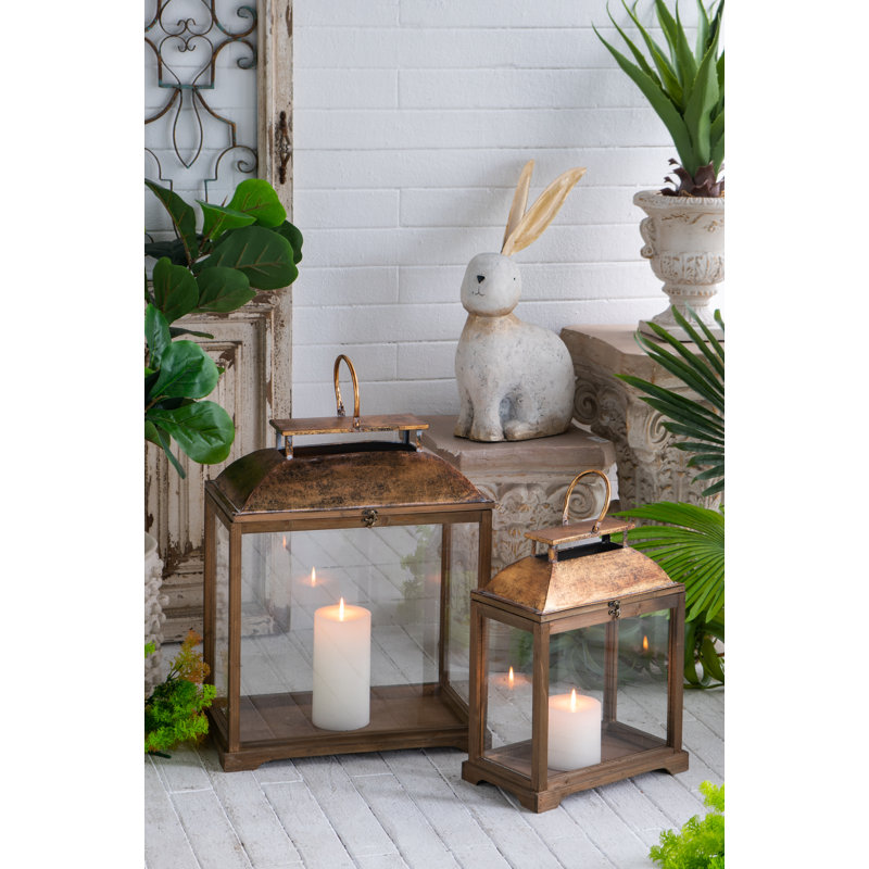 Solid Wood and Glass Lantern with Gold Metal Dome