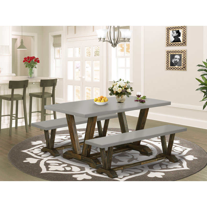 3 Piece Kitchen Table Set - 1 Dining Room Table and 2 Dining Bench - Reliable and Sturdy Constructed - Cement Table top and Distressed Jacobean Finish