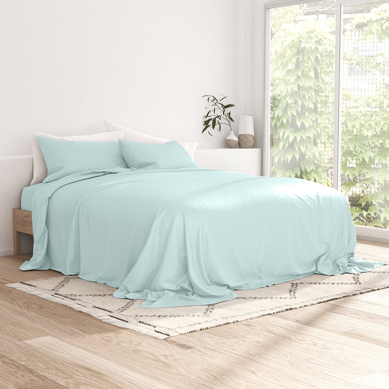 Ensemble de draps 100% rayonne de bambou, Turquoise, Ensemble de draps pour grand lit avec 2 taies d'or