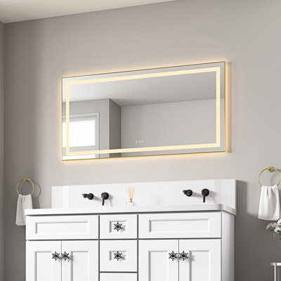 Miroir de salle de bain 55 po x 28 po avec 3 températures de couleur, fixation murale, brouillard, gradation continue, cadre en aluminium, meuble-lavabo or brossé
