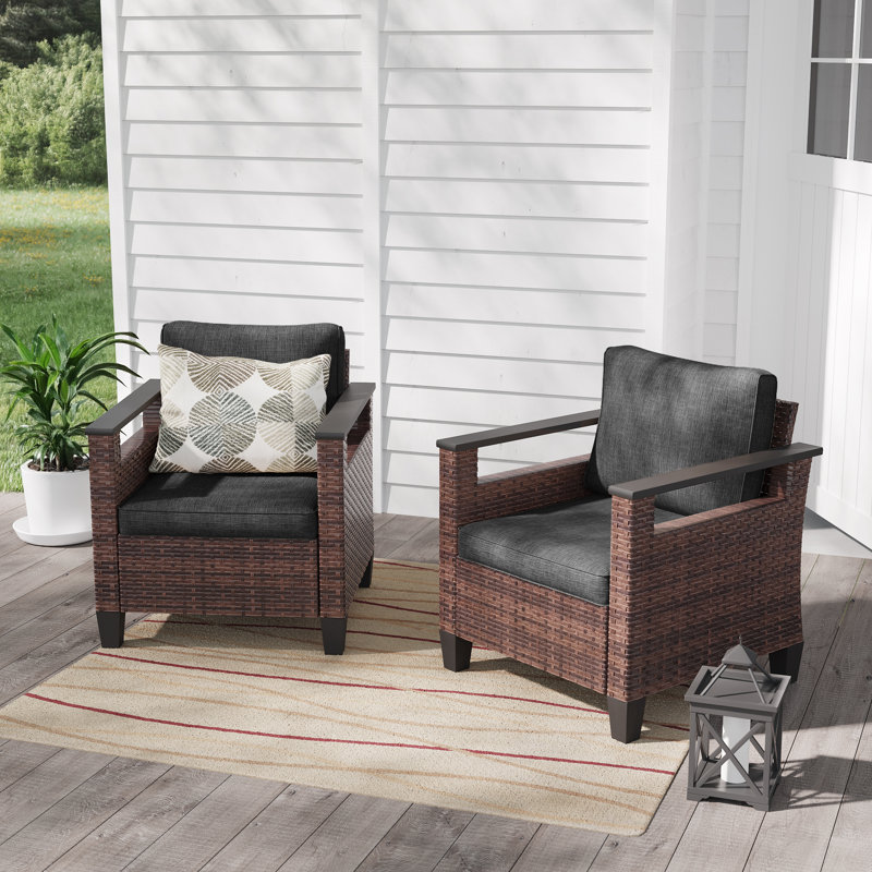 2 Piece Wicker Patio Chairs Set, Black Gray, Brown