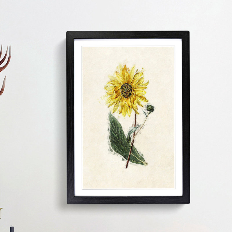 Illustration of a Yellow Sunflower - Picture Frame Painting Print, 36cm H x 27cm W x 2cm D, Black Framed