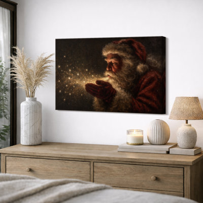 Santa Blowing Magical Stars Christmas Scene Print Pictures Canvas Print Wall Art