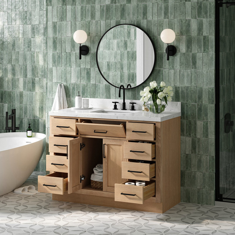 Ensemble de meuble-lavabo simple en bois massif 48 po avec lavabo en quartz Carrara de 1,5 po Tidworth, Chêne naturel