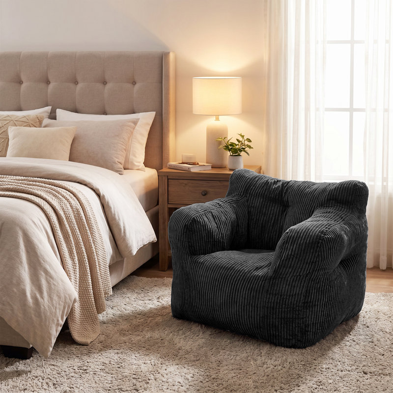 Colman  Foam Filled Bean Bag Sofa Corduroy Lazy Sofa, Black Corduroy