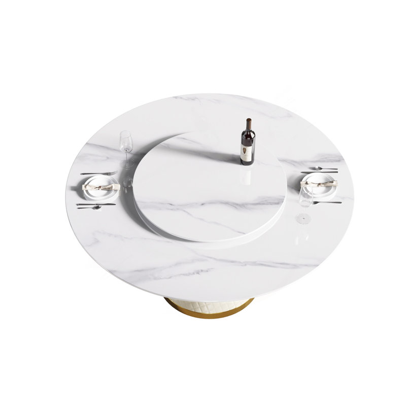 Table de salle à manger 59,05 po en pierre artificielle ronde blanche avec base en acier au carbone pouvant accueillir 6 personnes - 31,5 po