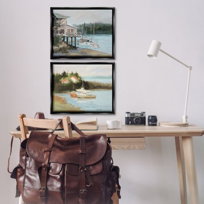 «Boat Lakeshore Landscape», ensemble de 2 toiles flottantes encadrées par Jane Slivka