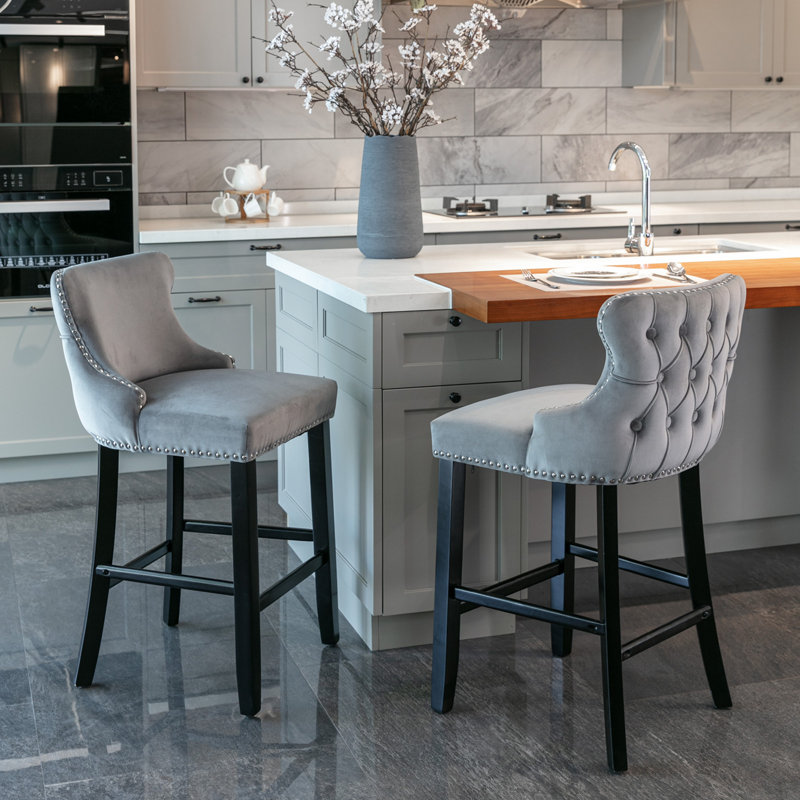Upholstered Counter Stool with Solid Wood Frame, Grey