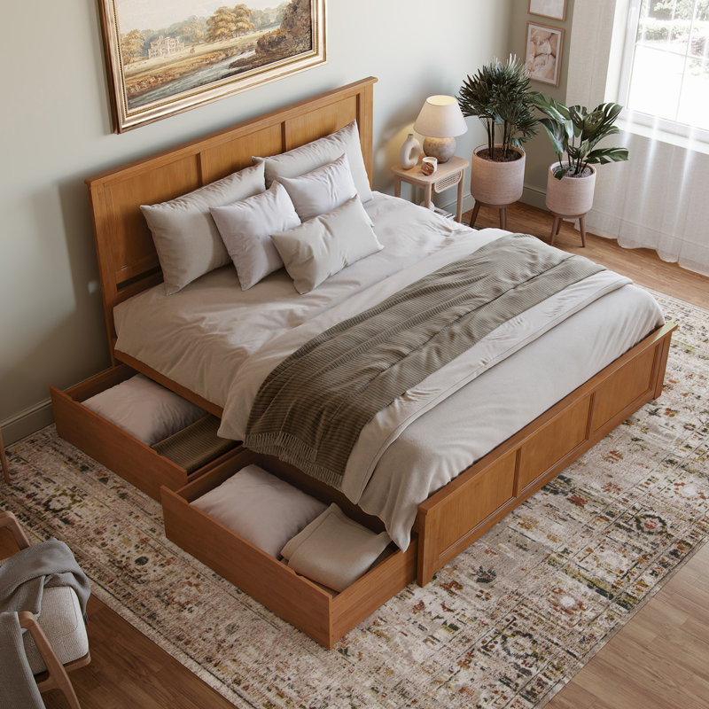 Madison Solid Wood Platform Bed with Matching Footboard & Storage Drawers , King, Light Toffee  