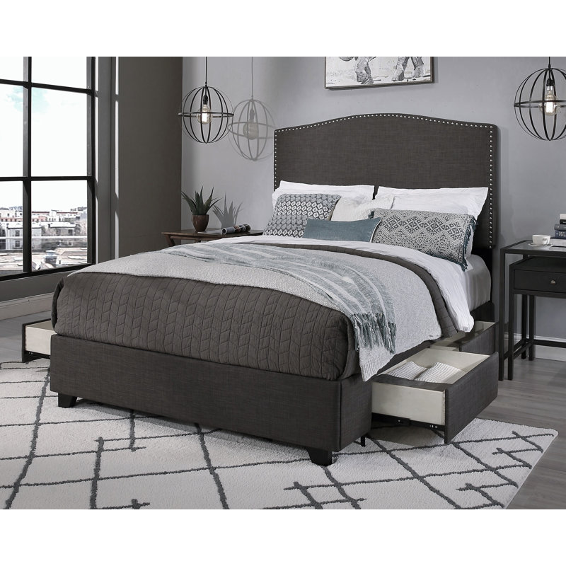 Lit plateforme tapissier avec rangement Romeoville, Très grand, Gris foncé, 4
