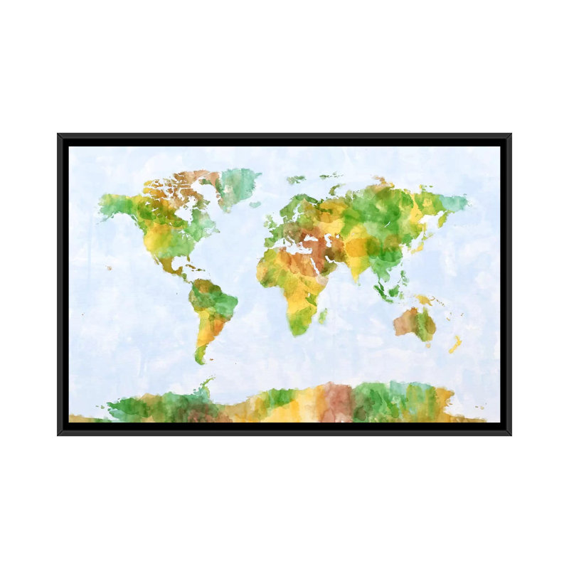 « world map » par michael tompsett, reproduction d’art sur toile, H 18 po x l 26 po x P 1,5 po, Toile avec cadre noir