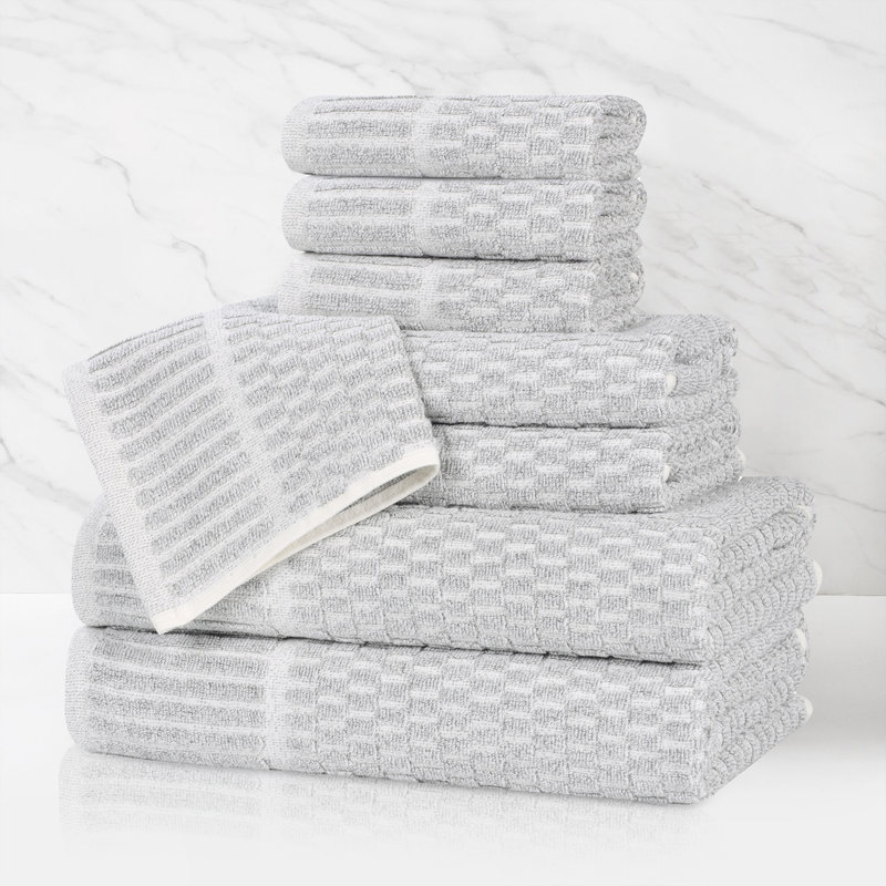 Juno Viscose Cotton Blend Medium Weight Textured Checkered Ribbed Border Towel Set, Platinum, 8 Piece Towel Set