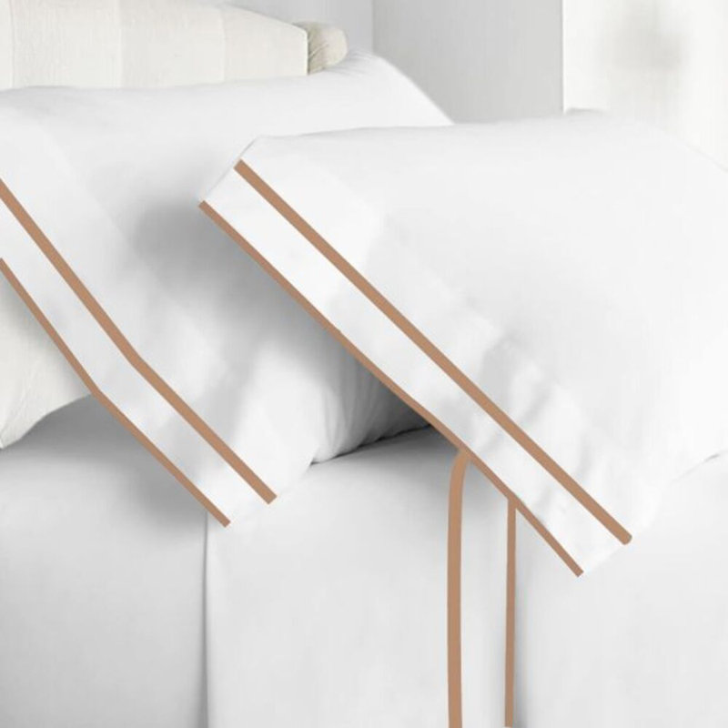 400TC Embroidery & Border Cotton 4 Piece Sheet Set Fitted Sheet Fits Upto 16" Deep Pocket, Taupe