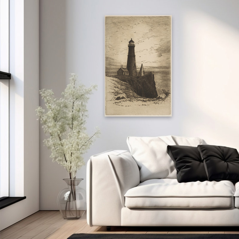 Phare rétro - phare rétro côtier sur une falaise en noir et blanc, art marin, H 36 po x l 24 po