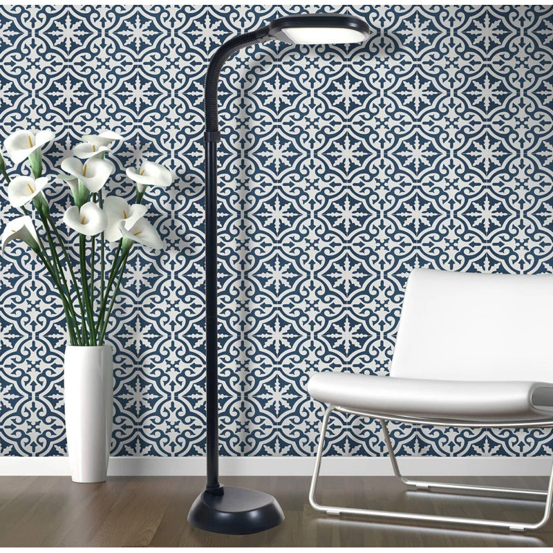 Argana 8" x 8" Cement Patterned Wall & Floor Tile, Dark Blue/White