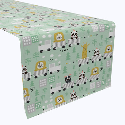 Table Runner, 100% Cotton, 16X108", Hand Drawn Animals On Trains