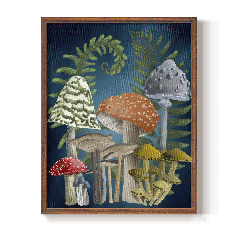 Récolte de champignons I, reproduction encadrée - bois massif, Noyer, H 21 po x l 17 po