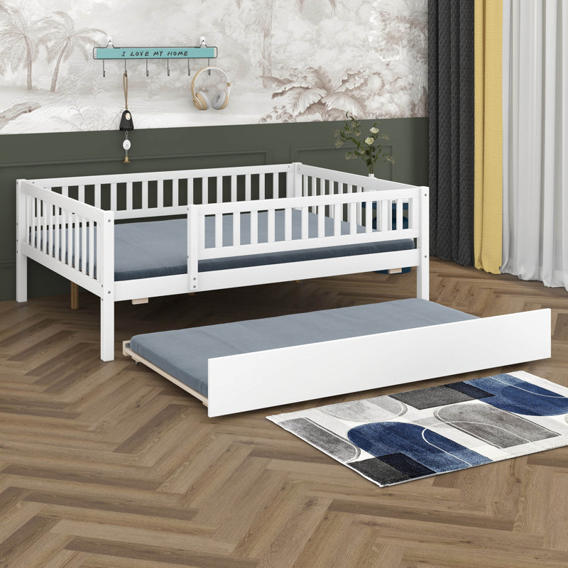Full Size Daybed With Trundle, Wood Kids Platform Bed Frame With Fence Guardrails, No Box Spring Needed, White