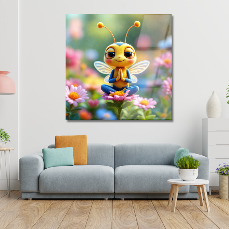 Art mural en verre trempé Yoga Bee, H 14 po x l 14 po