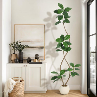 Hévéa artificiel, plantes fausses hautes avec jardinières blanches, plantes artificielles d'intérieur avec cailloux multicolores pour le salon de bureau de décoration intérieure