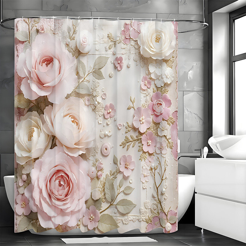 Rideaux de douche floraux avec crochets inclus, H 72 po x l 72 po, Floral beige / rose