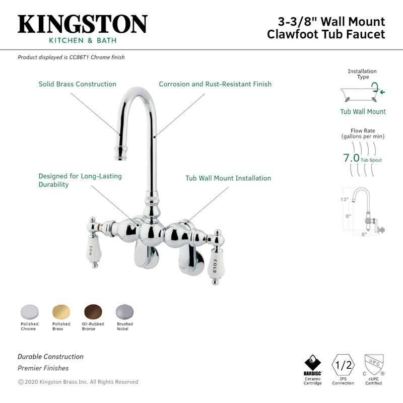 Kingston Brass Vintage Two-Handle 2-Hole Tub Wall Mount Clawfoot Tub Faucet, Polished Brass