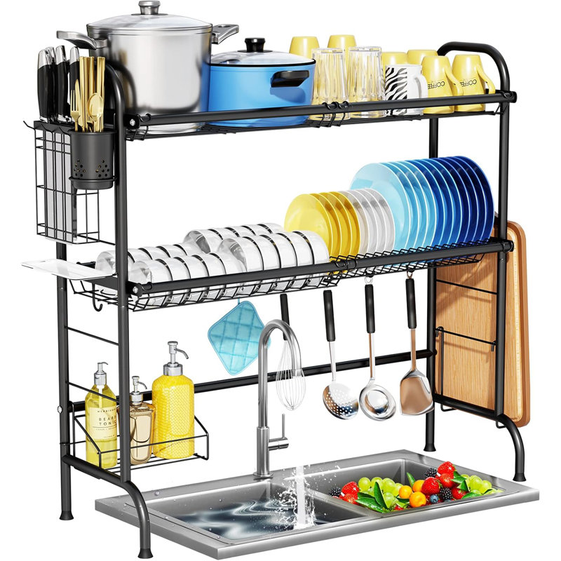 Égouttoir à vaisselle à 3 niveaux au-dessus de l'évier, égouttoir à vaisselle en acier inoxydable avec porte-couverts, support à planche à découper, pour un rangement maximal dans la cuisine