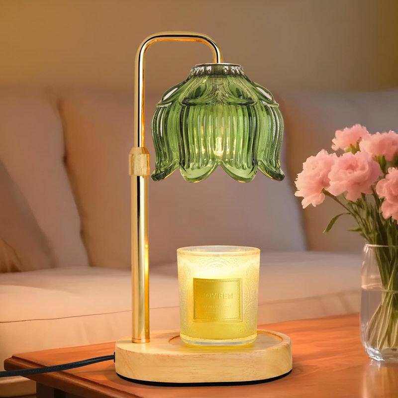 Lotus Candle Holder With Glass Shade, Timeer Dimmer & Adjustable Height, Candle Warmer Lamp For Bedroom, Green