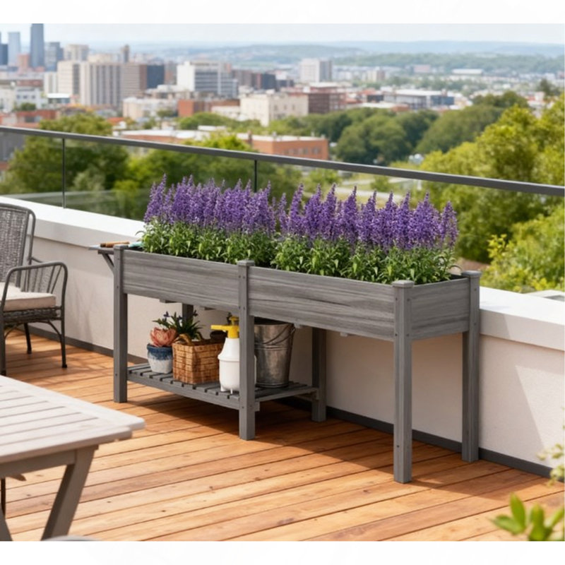 Lit de jardin surélevé spacieux, boîte de jardin surélevée en bois, avec table d'appoint, tablette inférieure, doublures de lit et trous de drainage