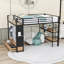 Lit mezzanine à deux tiroirs en métal avec tablettes de rangement et garde-robe-483391883
